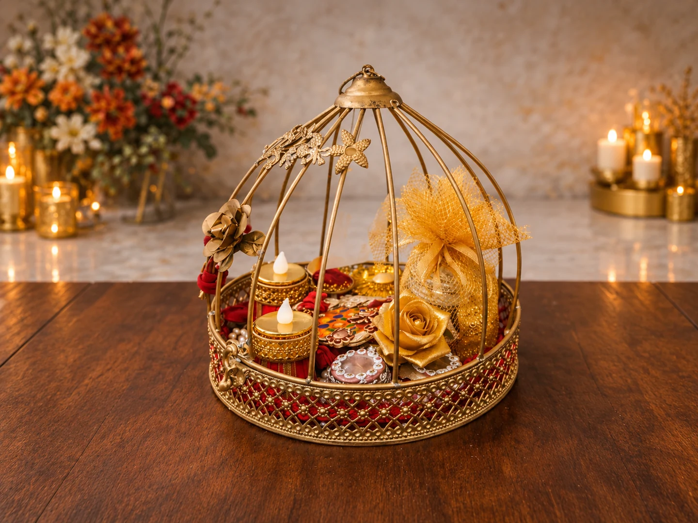 Golden Glow Basket with an ornate gold presentation and warm candlelit backdrop
