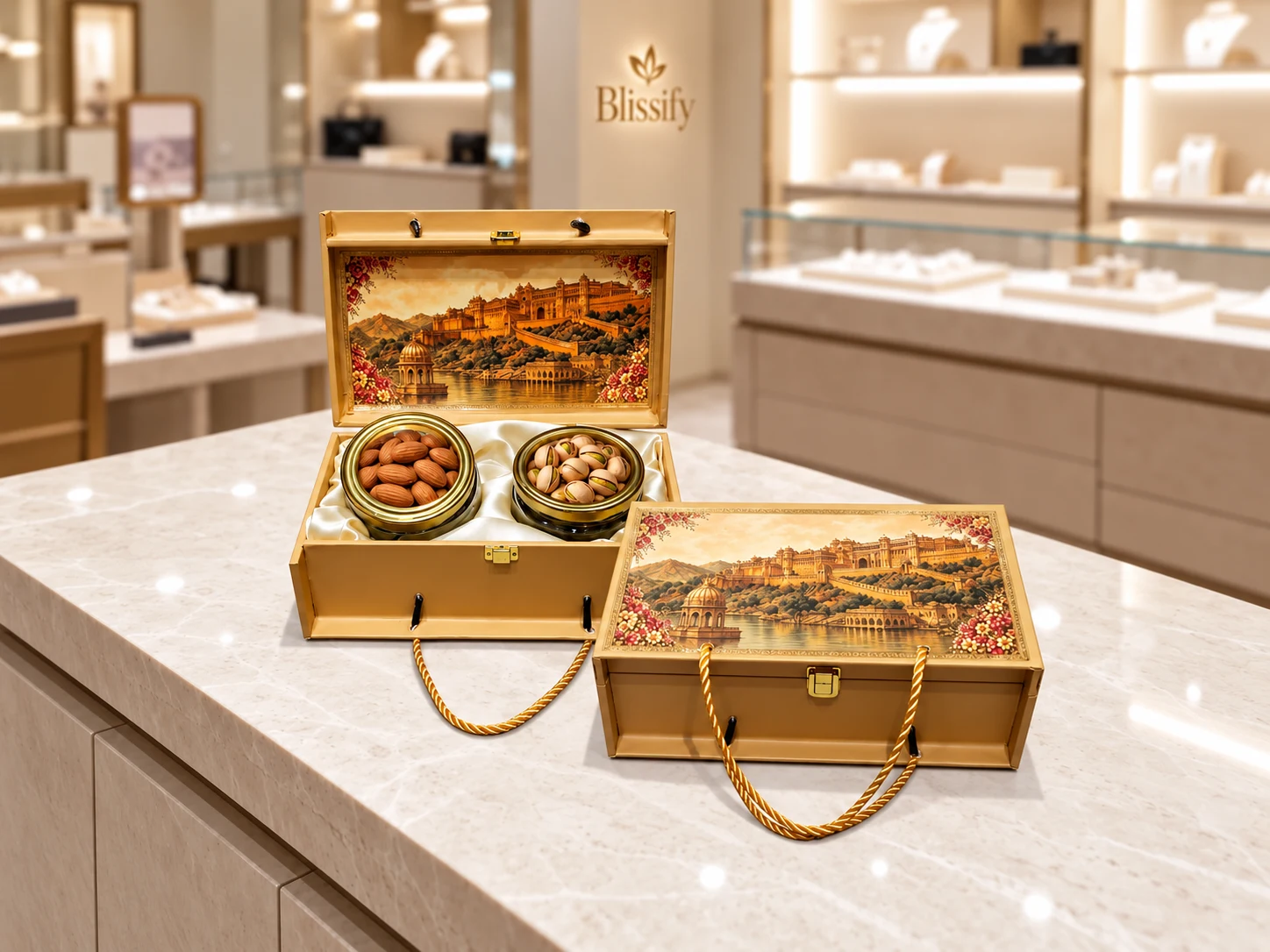 Golden Heritage: A golden keepsake box with heritage artwork and a satin-lined interior.