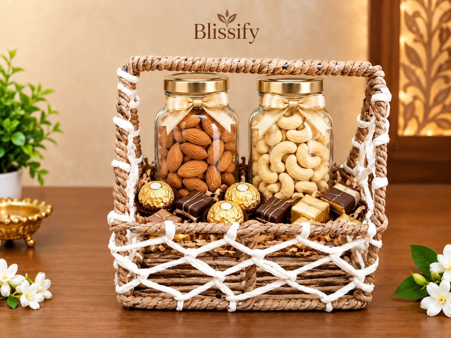 The Little Basket: A woven rope basket with two dry fruit bottles and chocolates.