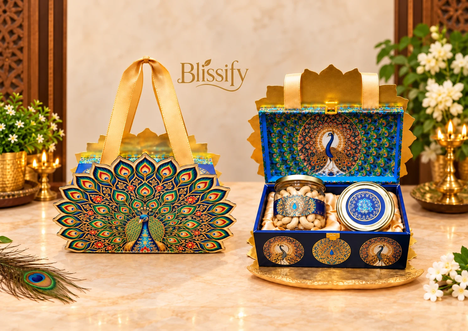 The Peacock Edit: A rich blue keepsake, peacock detailing and a golden satin interior.