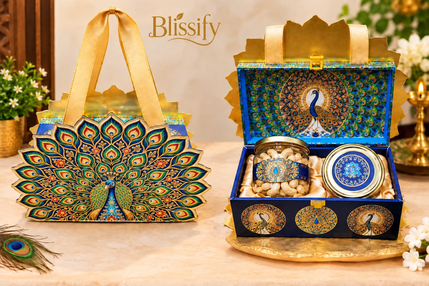 Peacock keepsake hamper with a cashew jar and its matching gift case