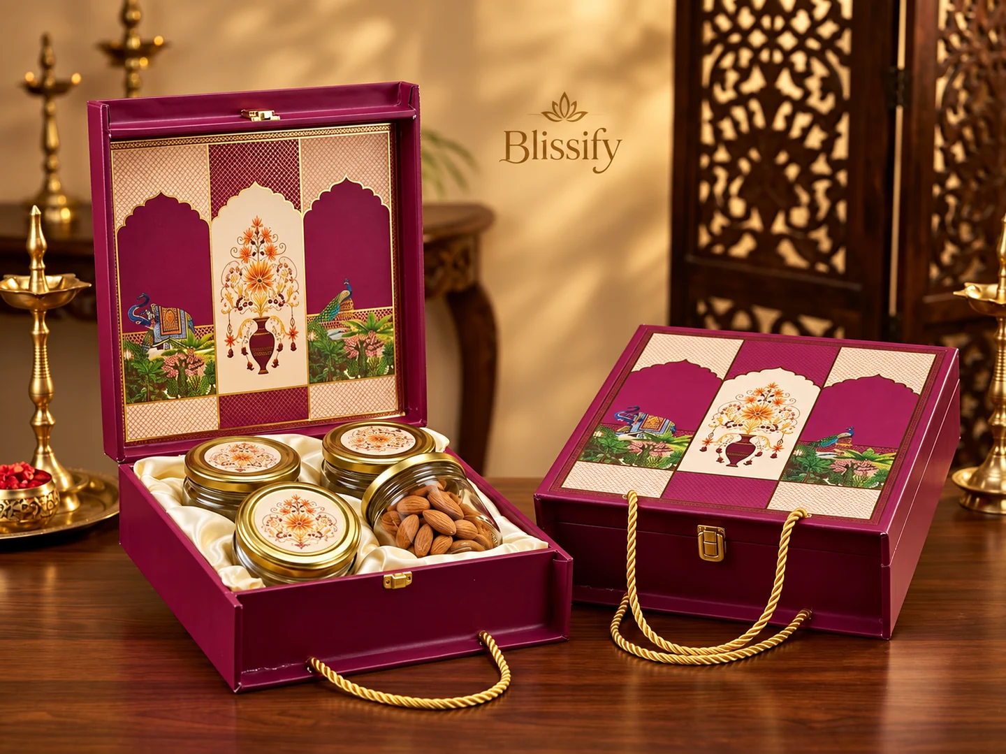 The Plum Edit: A jewel-toned gift box with illustrated details and golden accents.