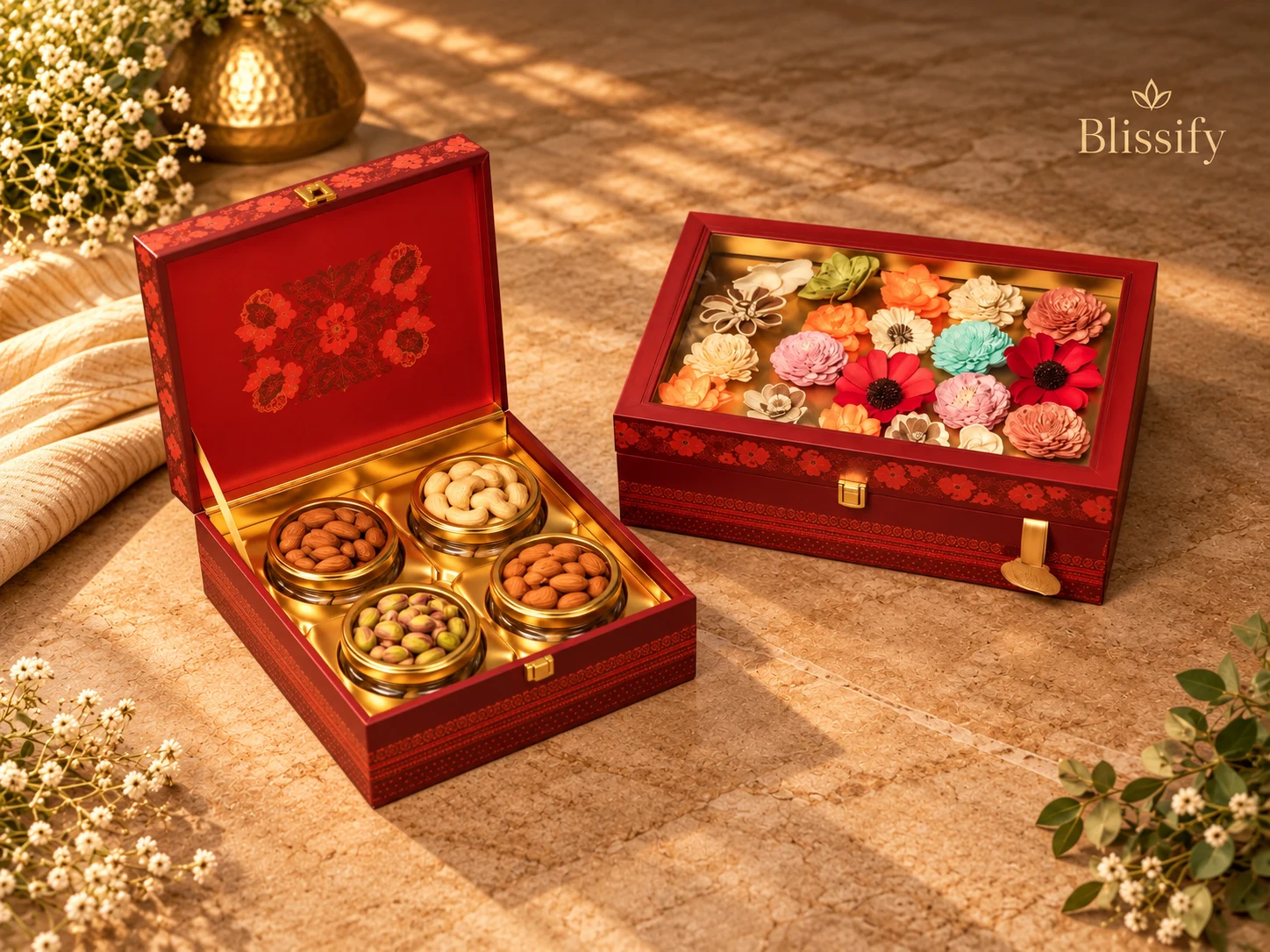 Crimson Bloom: A warm crimson keepsake with floral detailing and four dry fruit jars.