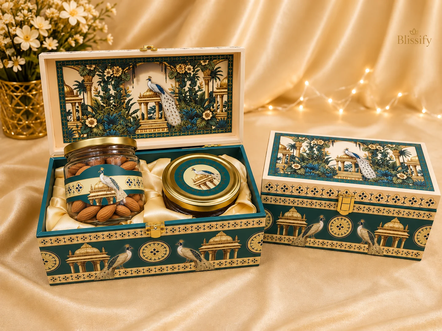 The Teal Keepsake: Heritage-inspired peacock artwork in deep teal and soft gold.